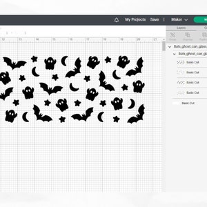 May include: A digital design for a Halloween craft project featuring black silhouettes of bats, ghosts, and stars on a white grid background.