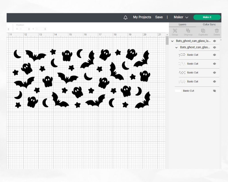 May include: A digital design for a Halloween craft project featuring black silhouettes of bats, ghosts, and stars on a white grid background.