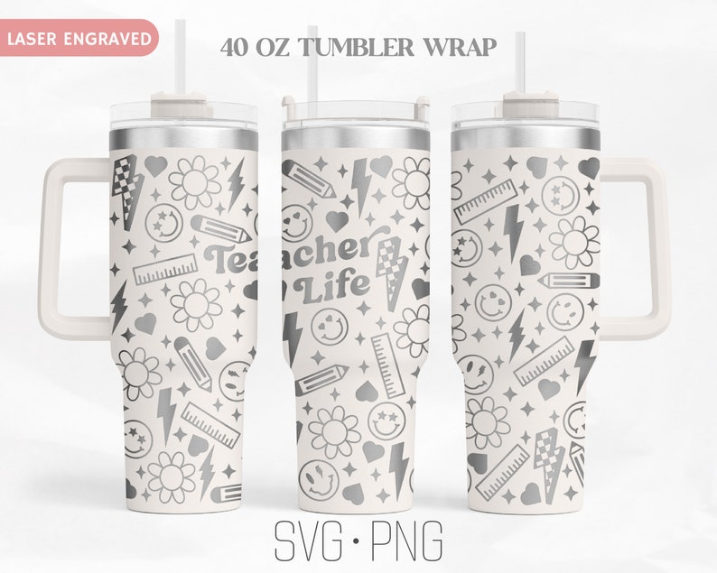 May include: A white 40 ounce tumbler with a silver lid and handle. The tumbler is decorated with a pattern of black and white teacher-themed icons, including hearts, stars, pencils, rulers, lightning bolts, and the words "Teacher Life".