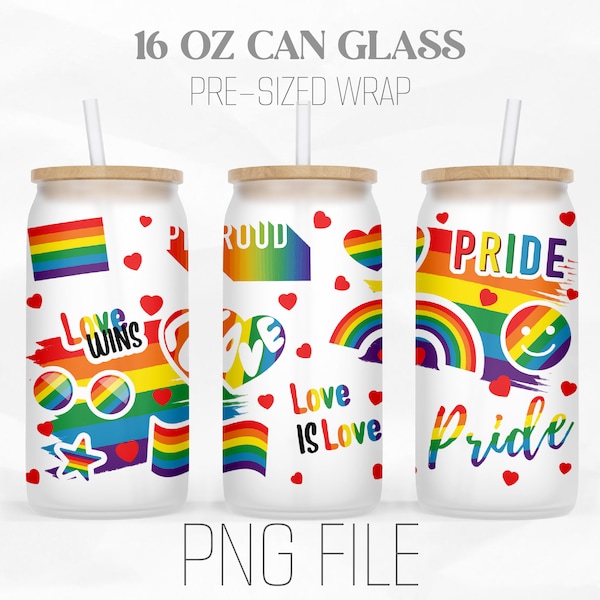 Pride Rainbow Can Wrap Png, LGBT Sticker Png, 16oz Libbey Glass Can Tumbler Sublimation Design Digital Png File