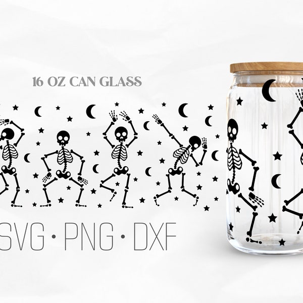 Dancing Skeleton Can Glass Wrap Svg, Funny Skeleton svg, Halloween Libbey Glass, 16oz Can Wrap, Svg, Png, DXF files for Cricut