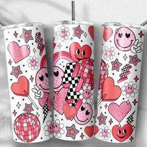 Valentine Groovy Tumbler Png, Retro San Valentino png, Groovy Smile Sublimation Designs, Skinny Tumbler 20oz, File PNG Download digitale