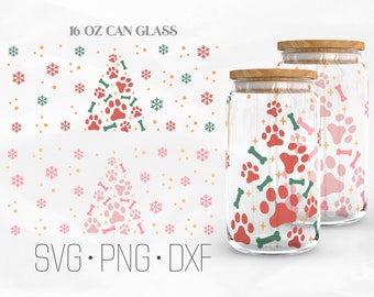 Paw tree Can Glass Wrap Svg, choinka, kot Christmas Libbey Glass, 16oz Can Wrap, pliki Svg, Png, DXF dla Cricut