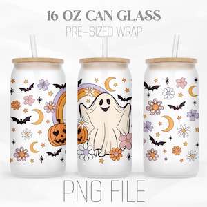 Cute Ghost Can Wrap Png, Retro Halloween png, Flower Ghost Fall 16oz Libbey Glass Can Tumbler Sublimation Design Digital Png File