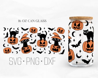 Dynia czarny kot puszka szkło Wrap Svg, dynia nietoperz duch, Halloween svg, kociak Libbey szkło, 16oz puszka opakowanie, Svg, Png, pliki DXF dla Cricut