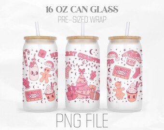 Retro Pink Christmas Vibes Can Wrap Png, Trendy Christmas png, Christmas 16oz Libbey Glass Can Tumbler Sublimation Design Digital Png File