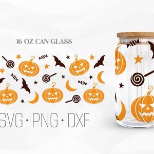 Pumpkin Halloween Can Glass Wrap SVG, Can Glass Svg, 16oz Libbey Wrap Svg, Svg, Png, DXF files for Cricut