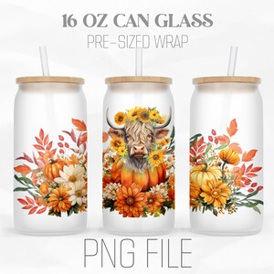 Fall Highland Cow Can Wrap Png, Funny Fall png, Cute Highland Cow 16oz Libbey Glass Can Tumbler Sublimation Design Digital Png File