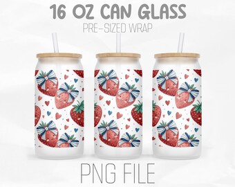 4th of July Strawberry Can Wrap Png, Patriotic Bow Png, Coquette Png, Independence Day 16oz Libbey Glass Can Sublimation Digital Png File