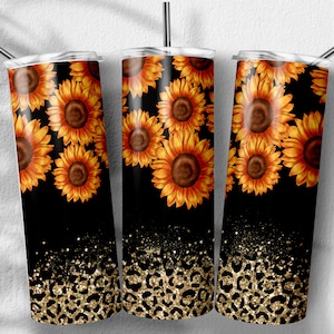 Sunflower Png, Gold Glitter Leopard Sublimation Designs, Skinny Tumbler 20oz, PNG File Digital Download