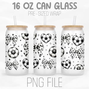 May include: A set of three 16 ounce can wraps featuring a black and white design of footballs, bows, and stars. The text "16 OZ CAN GLASS PRE-SIZED WRAP" is at the top of the image. The text "PNG FILE" is at the bottom of the image.