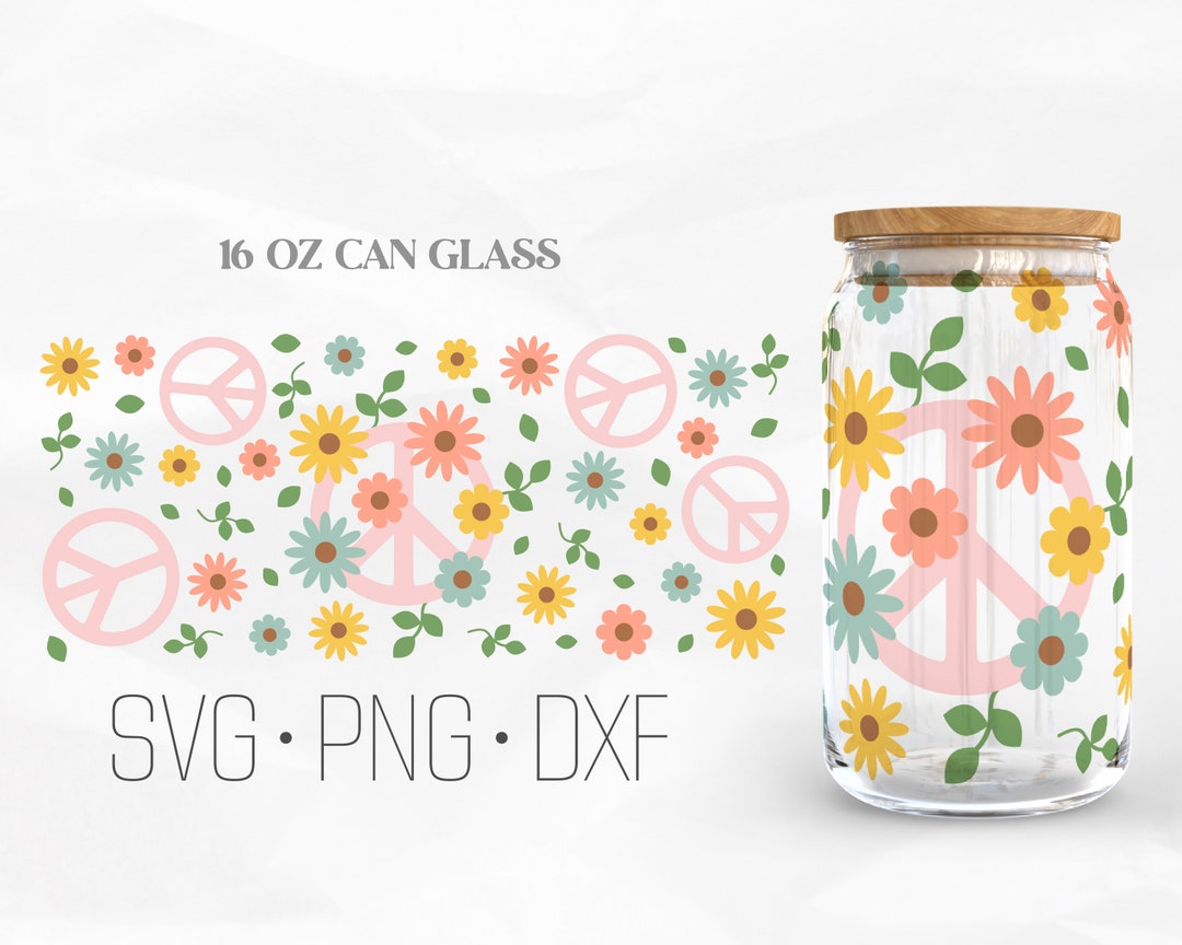 Peace Daisy Can Glass Wrap Svg, Groovy Flowers Libbey Glass, 16oz Can ...