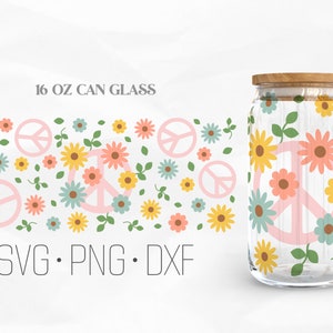 Peace Daisy Can Glass Wrap Svg, Groovy Flowers Libbey Glass, 16oz Can Wrap, Svg, Png, DXF files for Cricut