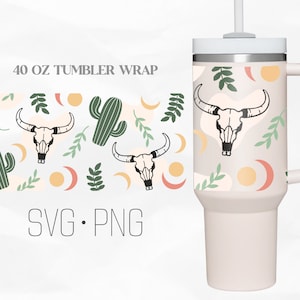 Bull skull Tumbler Wrap Svg, Western Svg, 40 Oz Quencher Stanley Full Wrap, Svg, Png, files for Cricut