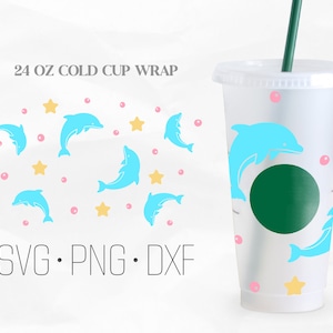 Entzückende Delfine Full Wrap SVG, Ocean Dolphin Seestern Wrap SVG, 24 Unzen venti kalte Tasse, SVG, Png, DXF-Dateien für Cricut