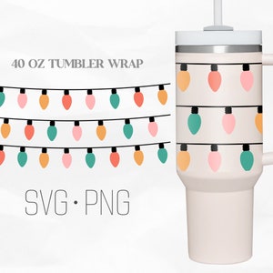 May include: A 40 ounce tumbler wrap design featuring a string of colorful Christmas lights. The design is available in SVG and PNG formats.  The tumbler wrap is shown on a white tumbler with a black handle.