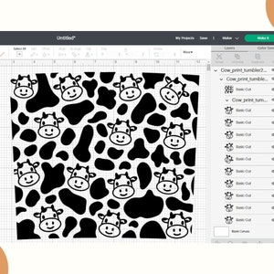 May include: Black and white cow print pattern with a repeating design of cow spots and cow faces. The design is suitable for use on a tumbler or other items.