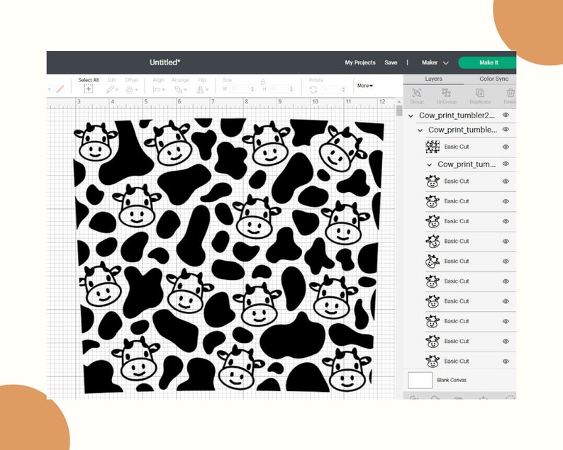 May include: Black and white cow print pattern with a repeating design of cow spots and cow faces. The design is suitable for use on a tumbler or other items.