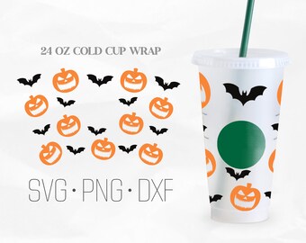 Murciélagos de calabaza de Halloween Full Wrap Svg, Horror svg, Venti Cold Cup 24 Oz, Svg, Png, archivos DXF para Cricut