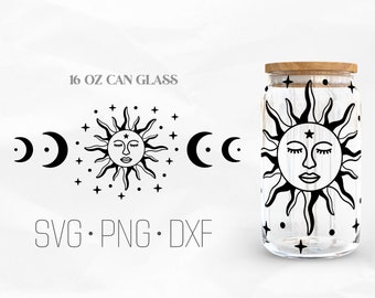 May include: A 16 oz glass can with a black and white sun and moon design. The sun has a closed eye face and a star above it. The design is surrounded by small stars. "SVG - PNG - DXF" is written below the design.