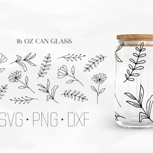 Wildflower Can Glass Wrap SVG, Floral line Can Glass svg,16oz Libbey Wrap Svg, Svg, Png, DXF files for Cricut