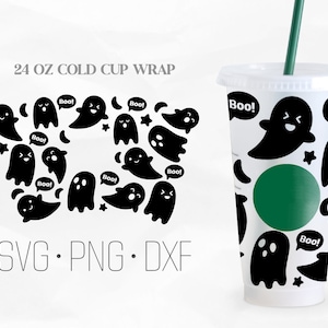 Cute Ghost Full Wrap Cup Svg, Boo Cup Svg, Halloween Cup SVG, Venti Cold Cup 24 Oz, Svg,Png,DXF files for Cricut