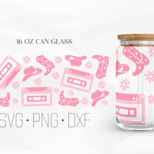 Country Cassette Tapes Can Glass Wrap Svg, 90s Country Svg, Country Music Svg, Libbey Glass, 16oz Can Wrap, Svg, Png, DXF files for Cricut