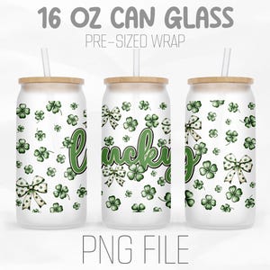 Lucky Shamrock Wrap Png, Coquette Png, St. Patrick&#39;s Day Png, Pattys day 16oz Libbey Glass Can Tumbler Sublimation Design Digital Png File