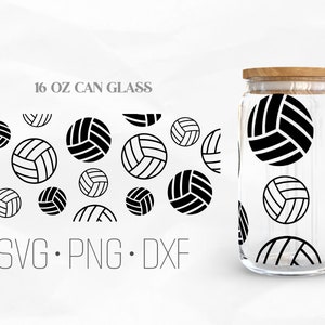 May include: A 16 oz can glass with a black and white volleyball pattern. The glass is clear and has a wooden lid. The text "16 OZ CAN GLASS" and "SVG. PNG. DXF" is printed on the image.