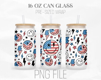 American Flag Smile Face Can Wrap Png, 4th of July, Independence Day 16oz Libbey Glass Can Tumbler Sublimation Design Digital Png File