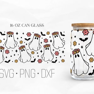 Floral Ghost Can Glass Wrap SVG, Cute Ghost Libbey Glass SVG, Halloween svg, 16oz Libbey Wrap Svg, Svg, Png, DXF files for Cricut