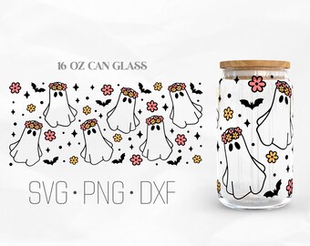 Floral Ghost Can Glass Wrap SVG, Cute Ghost Libbey Glass SVG, Halloween svg, 16oz Libbey Wrap Svg, Svg, Png, DXF files for Cricut