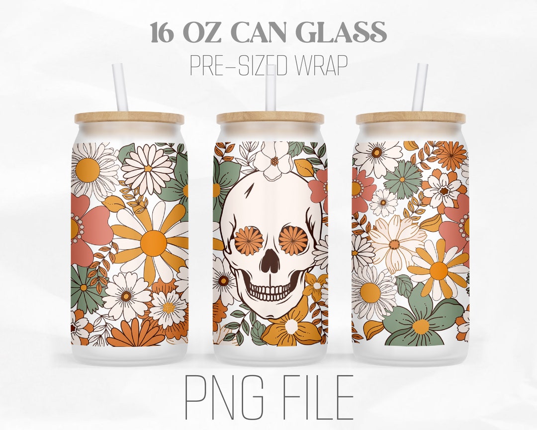 Skull Flower Can Wrap Png, Floral Skull 16oz Libbey Glass Can Tumbler ...