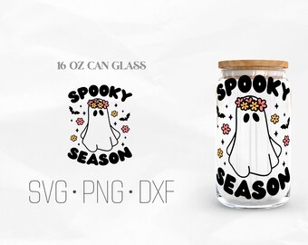 Spooky Season Can Glass Wrap SVG, Halloween Ghost Libbey Glass, 16oz Can Wrap, Svg, Png, DXF files for Cricut