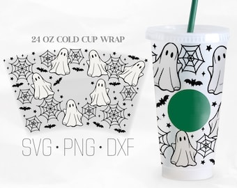 Cute Ghost Full Wrap SVG, Spider Web Halloween Svg, Halloween svg, Creepy ghost Venti Cold Cup 24 Oz, Svg, Png, DXF files for Cricut