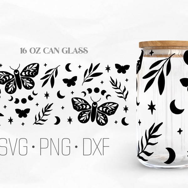 Celestial Boho Butterfly Can Glass Wrap Svg, Mystical Libbey Glass, 16oz Can Wrap, Svg, Png, DXF files for Cricut