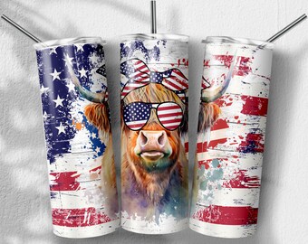 Highland Cow Png, American Flag Png, 4th of July, Patriotic Png Sublimation Designs, Skinny Tumbler 20oz, PNG File Digital Download