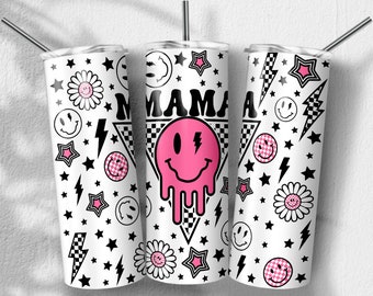 Retro Mama Png, Muttertag, trendige Mama Smile Face Png Sublimationsdesigns, Skinny Tumbler 20oz, PNG Datei digitaler Download