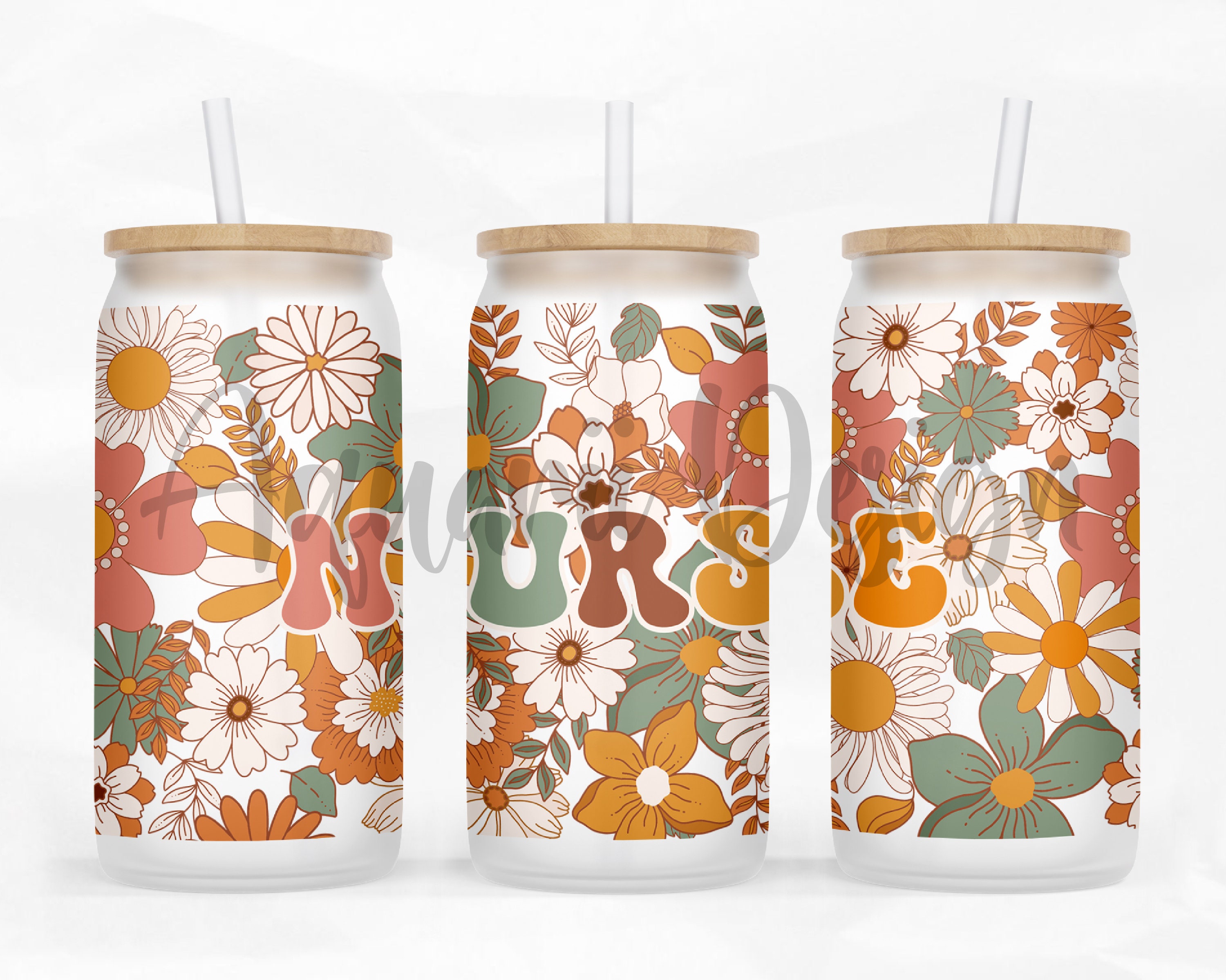Nurse Flower Glass Can Wrap Png, Retro Floral 16oz Libbey Glass Can ...
