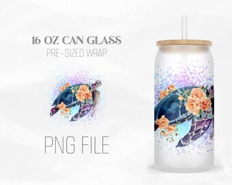 Sea turtle Glass Can Wrap Png, Animal Ocean 16oz Libbey Glass Can Tumbler Sublimation Design Digital Png File