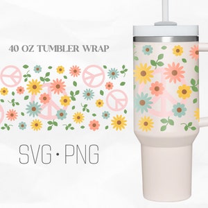 Peace Daisy Tumbler Wrap Svg, Groovy Flowers svg 40 Oz Quencher Stanley Full Wrap, Svg, Png, DXF files for Cricut