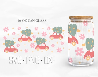 May include: A 16 oz glass can with a Christmas-themed design. The design features red cars with green Christmas trees on top, pink flowers, and gold stars on a white background. The text "SVG. PNG. DXF" is printed below the can.