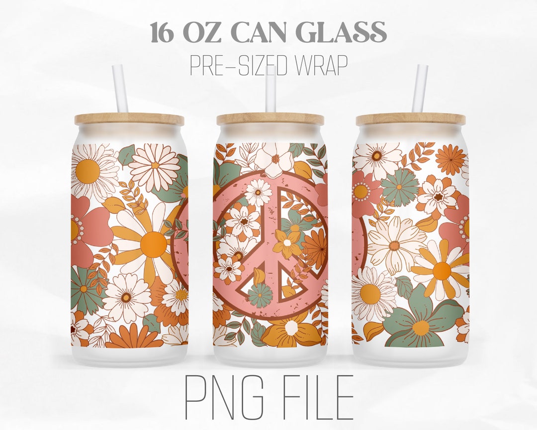 Peace Sign Can Wrap Png, Retro Flowers 16oz Libbey Glass Can Tumbler ...