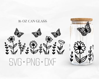 Wildflower Can Glass Wrap SVG, línea floral Can Glass svg,16oz Libbey Wrap Svg, Svg, Png, archivos DXF para Cricut