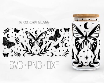 Celestial Boho Schmetterling kann Glas wickeln, mystische svg, Libbey Glas, 16 Unzen kann wickeln, SVG, Png, DXF-Dateien für Cricut
