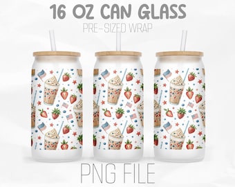 4th of July Strawberry Can Wrap Png, Patriotic Png, Coffee Latte Png, Independence Day 16oz Libbey Glass Can Sublimation Digital Png File