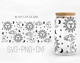 May include: A 16 oz glass can with a black and white design of suns, moons, clouds, and stars. The text "SVG. PNG. DXF" is printed below the can.