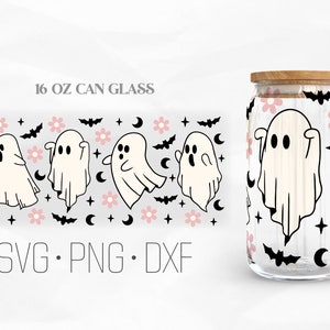 Cute Ghost Can Glass Wrap Svg, Retro Halloween svg, Spooky Libbey Glass, 16oz Can Wrap, Svg, Png, DXF files for Cricut