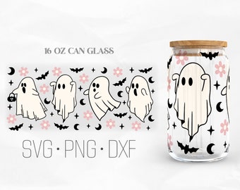 Cute Ghost Can Glass Wrap Svg, Retro Halloween svg, Spooky Libbey Glass, 16oz Can Wrap, Svg, Png, DXF files for Cricut