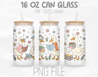 Just a Bookish Goose Libbey 16oz Glass Can Wrap Png, Cute Reading Goose Png, Cozy Book Lover Png, Sublimation Design